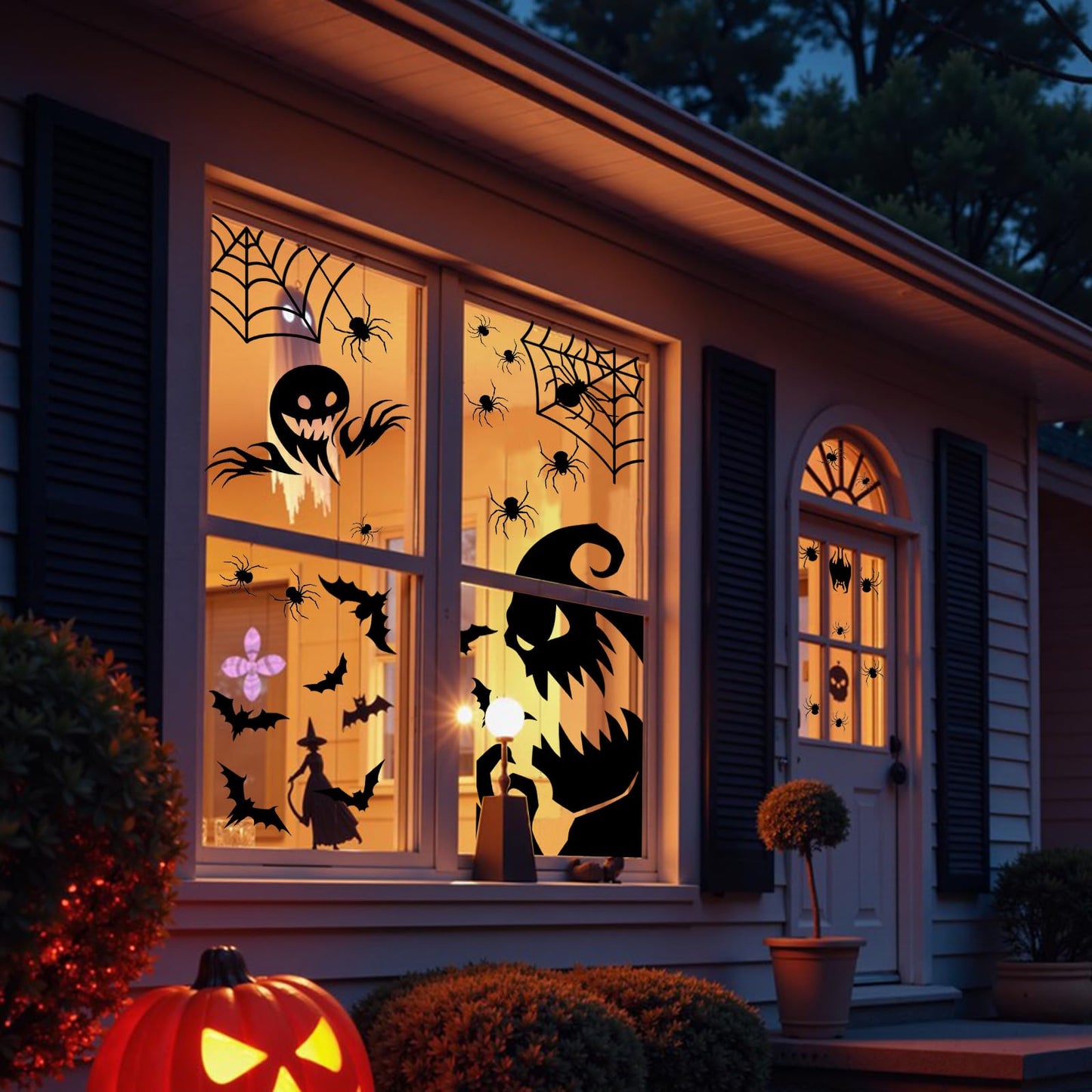 PPRAFDD Extra Large Halloween Window Clings Silhouette Decorations with Scary Witches Giant Spooky Monster Black Cat Bats Spiders Window Decals for Halloween Party (4 Sheets)
