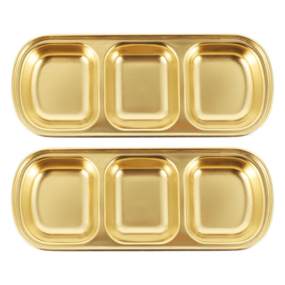OUNONA Three Grid Seasoning Dish 2-Pack 8.07X3.14X0.78 Inch Stainless Steel Sauce Tray for Serving Dipping Sauces Appetizers and Condiments in Kitchen Restaurant Catering