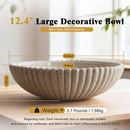 Richtmall Large Resin Decorative Bowl 12 Inch, Fruit Bowl Sandstone Ruffle Key Bowl for Coffee Table Shallow Centerpiece Bowl Catch All Bowl for Kitchen Counter, Entryway, Living Room