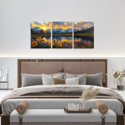 jejeloiu Mountain Lake Canvas Wall Art for Living Room Bedroom 12"x16"x3pcs Sunflower Floral Picture Wall Decor for Bathroom Natural Scenery Office Decorations Artwork Posters Sunrise Painting