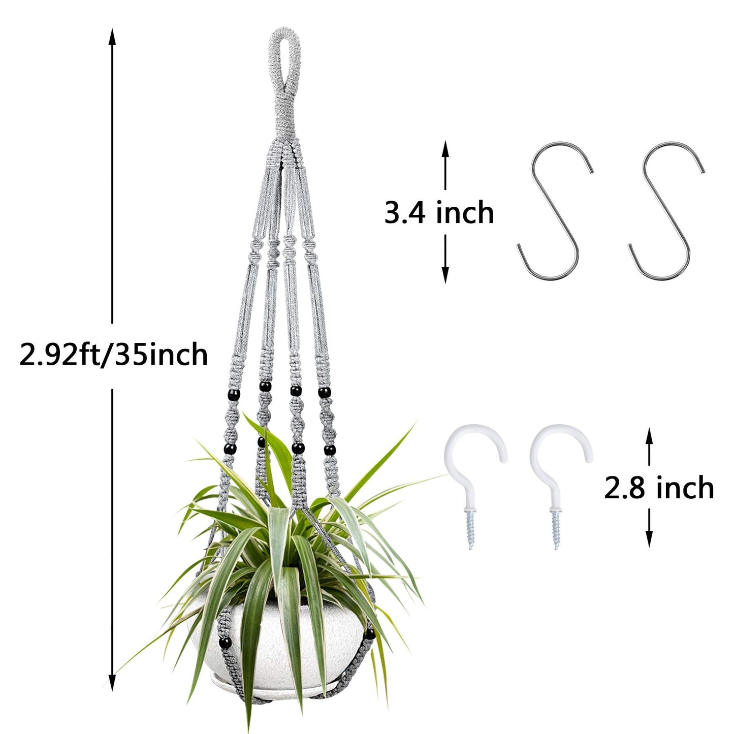 Augshy 2 Packs Macrame Hanging Planter, Indoor Hanging Planter Basket with Wood Beads Decorative Macrame Pot Hanger for Home Decor (Grey)