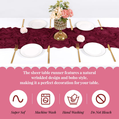 Yorcari 3 Pack Burgundy Cheesecloth Table Runner, 17 x 108 Inch, Gauze Cheese Cloth Table Runner Rustic Sheer Runner for Wedding Birthday Party Baby Shower Table Decor(Burgundy)