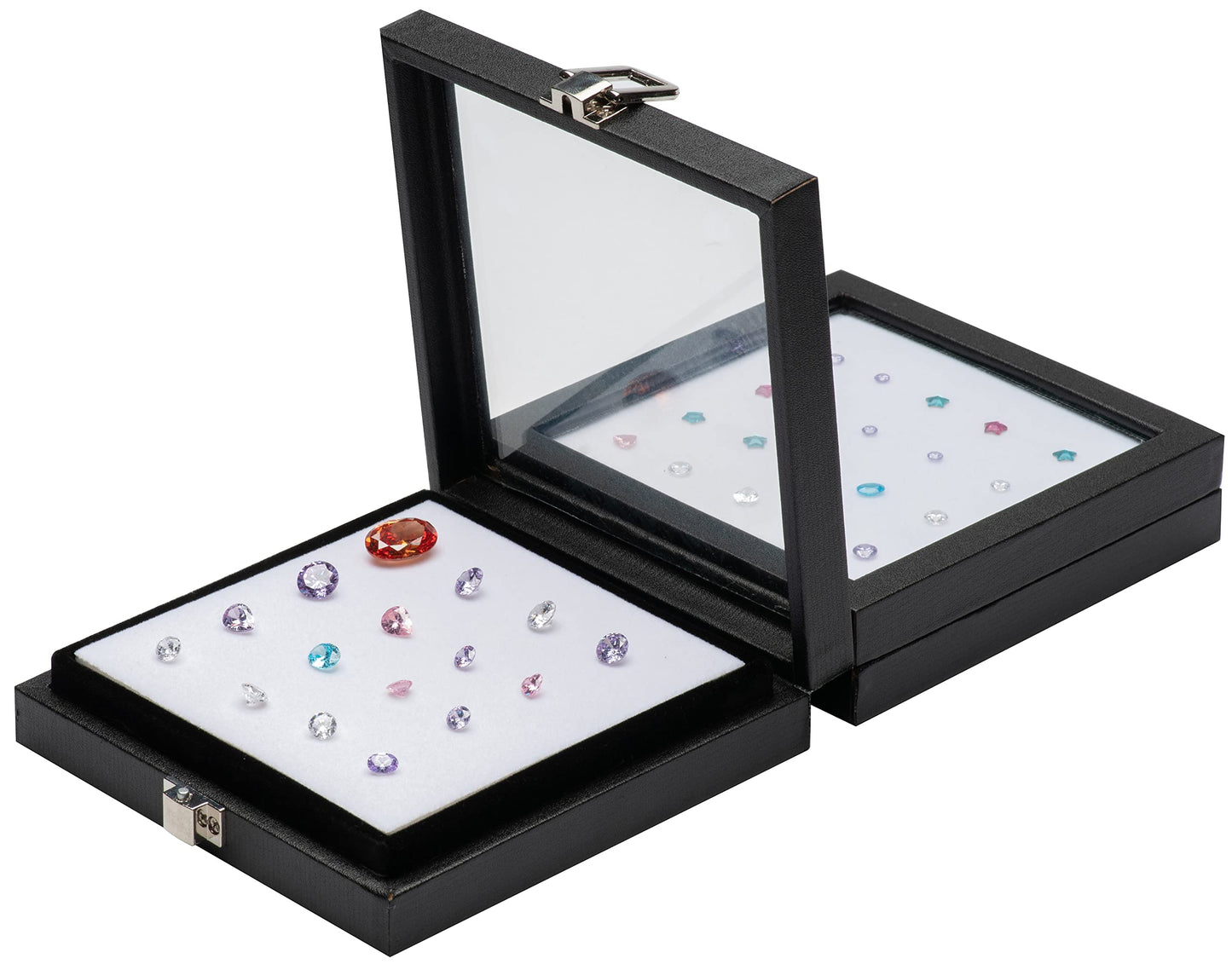 Giftop Jewelry Display Case Tempered Glass Top Lid Black Leatherette,Gemstone Display Case Jewelry Storage Box with Metal Clasp (Medium)