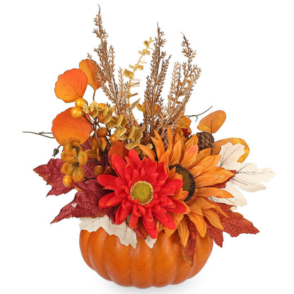 Arborus Artificial Pumpkin Fall Décor - Autumn Table Centerpieces with Red Faux Flowers, Maple Leaves, Sunflowers, Pumpkin – Halloween, Thanksgiving & Harvest Home Decoration