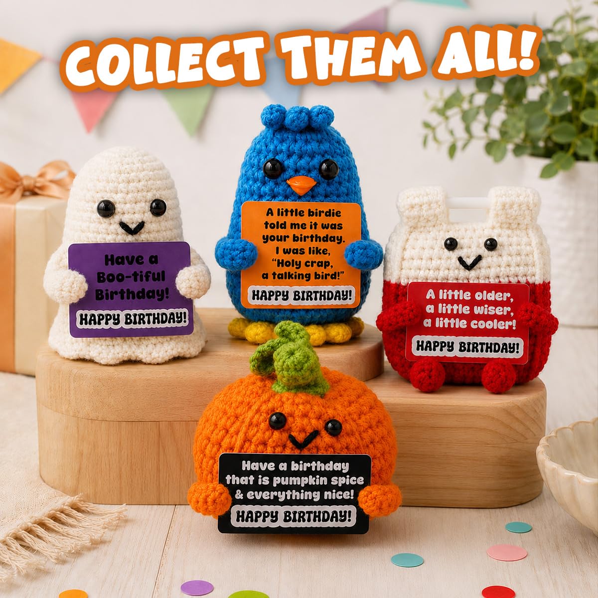 GOOFBALLS Happy Birthday Crochet Figurine – Cute Handmade Knitted Plush Decoration, Small Desk Decor Gift, Birthday Party Table Topper & Keepsake - Pumpkin