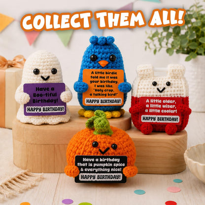 GOOFBALLS Happy Birthday Crochet Figurine – Cute Handmade Knitted Plush Decoration, Small Desk Decor Gift, Birthday Party Table Topper & Keepsake - Pumpkin