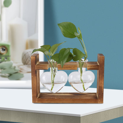 Flower Vase, Glass Desktop Planter Plant Terrarium Kit Desktop Propagation Station Glass Flower Vase with Wooden Holder for Wedding Decoration (Retro Frame + 3 Heart Bottle)