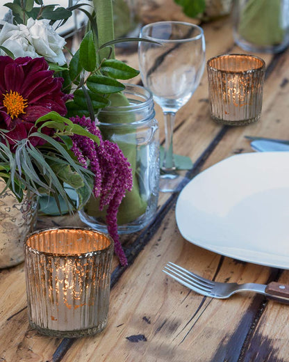 Serene Spaces Living Small Silver Ribbed Votive Candle Holders, Mercury Glass Finish, Ideal for Weddings, Events, 2.5" Tall & 2.5" Diameter, Pack of 6