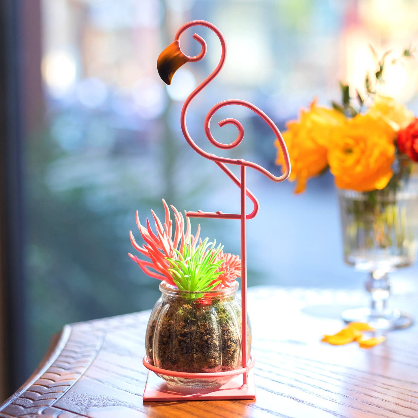Joyathome Desktop Glass Planter Vase Holder, esktop Glass Planter Hydroponics Vase，Metal Flamingo Plant Terrarium， Stand for Plants Creative Decorations for Home Patio Lawn Garden