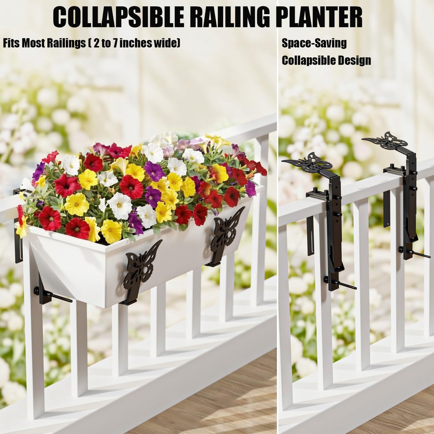 HFHOME Window Box Brackets, Adjustable Planter Box Brackets, Heavy Duty Flower Railing Planter Bracket for Balcony, with Enhanced Bottom Support, Perfect for Deck, Fence and Garden - Black (6 Pack)