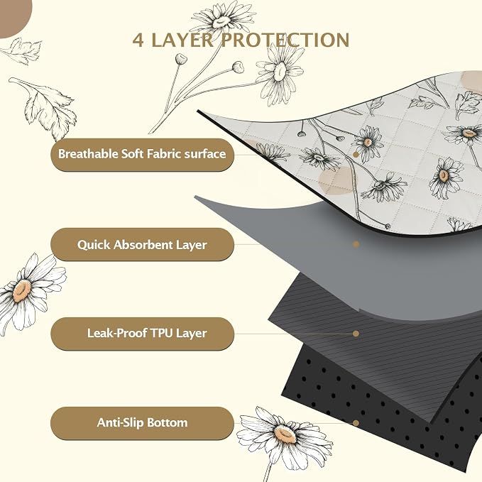 IEUUMLER Washable Pee Pads for Dogs, 1 Pack Non-Slip & Waterproof Pack Whelping Pad, Reusable Washable Puppy Potty Training Pad with Fast Absorbent for Playpen EU007 (Beige Daisy, 48"X48"-1pcs)