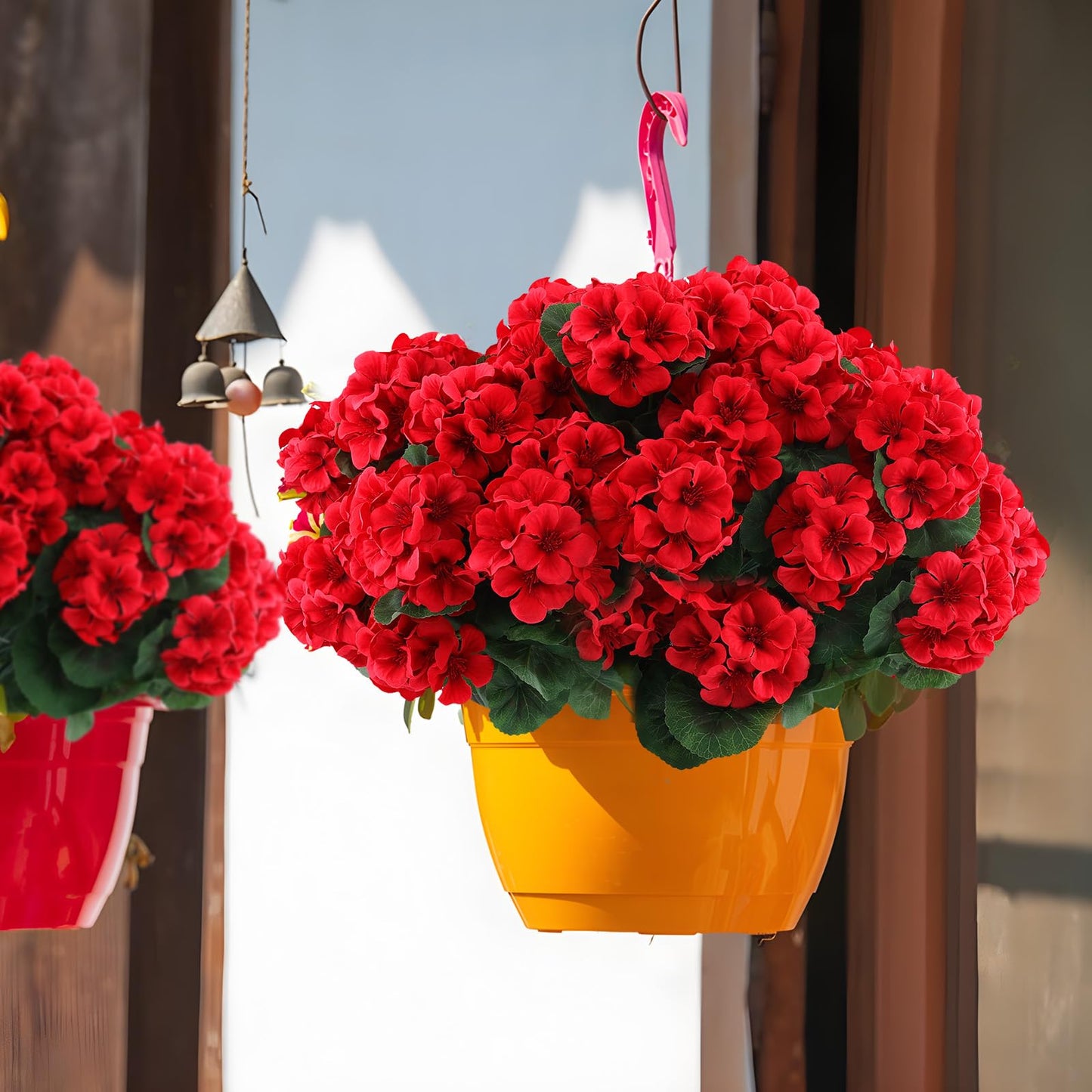 Hananona 2 Set Artificial Red Geraniums Flowers for Outdoors with Hanging Baskets, 2 Hanging Planters with 12 Pcs Red Geranium Flowers for Christmas Front Porch Garden Patio Home Decor (2, Red)