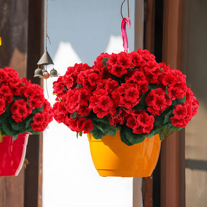 Hananona 2 Set Artificial Red Geraniums Flowers for Outdoors with Hanging Baskets, 2 Hanging Planters with 12 Pcs Red Geranium Flowers for Christmas Front Porch Garden Patio Home Decor (2, Red)