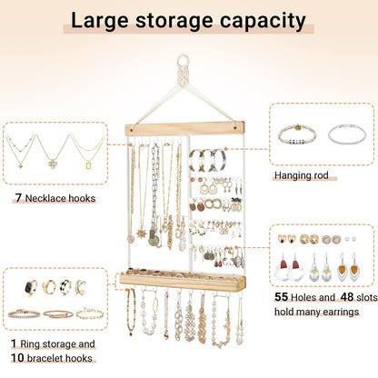 Mkono Key Holder for Wall Decorative Small Macrame Key Holder Boho Home Decor and Hanging Jewelry Organizer Wall Mounted Metal Necklace Holder Wood Shelf with 55 Holes and 7 Hooks Display Rack
