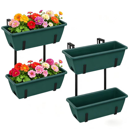 Deck Railing Planter Boxes 2 Tier Green Outdoor Hanging Planters Set of 2 with 4 Pack Flower Boxes 16.9 Inch Window Boxes Planters with Adjustable Brackets Balcony Planters for Garden Porch Patio