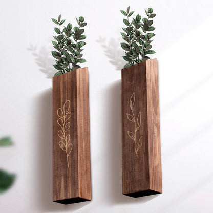 BOTOP 4 Pack Wood Indoor Wall Planter, Modern Boho Wall Decor for Living Room Bedroom, Farmhouse Pocket Vases for Dried Flowers and Faux Greenery Plants - Brown