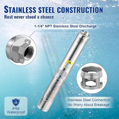 VEVOR Deep Well Submersible Pump, 1HP 115V/60Hz, 37gpm Flow 207ft Head, with 33ft Electric Cord, 4" Stainless Steel Water Pump for Industrial, Irrigation&Home Use, IP68 Waterproof Grade