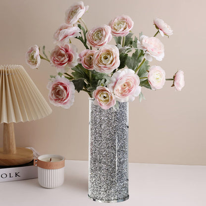 Silver Crystal Flower Vase, 10" Large Crushed Diamond Vase, Shiny Round Modern Luxury Decorative Glass Vases for Home Decor, Dining Table, Bathroom, Bedroom, Sofa Table, Wedding