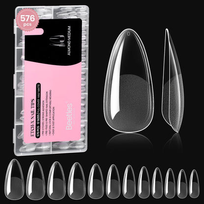 Beetles Gel Nail Kit Short Almond with Nail Dehydrator and Primer, 576Pcs Half Matte Etch-X Gel Nail Tips Solid Nail Glue Mini Nail Lamp Acrylic Nail Tips Easy DIY Nail Extension Set Gift for Women