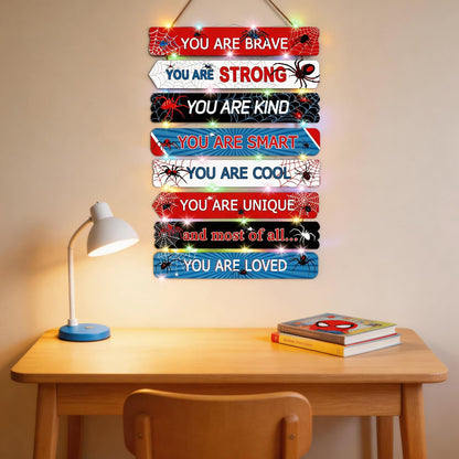 Spider Room Decor Set of 8 with LED Lights, Boys Bedroom Decor Inspirational Positive Quotes Wall Art, Motivational Wooden Hanging Signs Wall Decorations for Nursery Teens Toddler Room