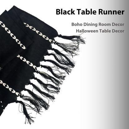 Niviy Halloween Black Table Runner 48 Inches Long, Fall Black Embroidered Striped Braided Boho Table Runner for Holiday Home Party Indoor Outdoor 12 x 48 Inch
