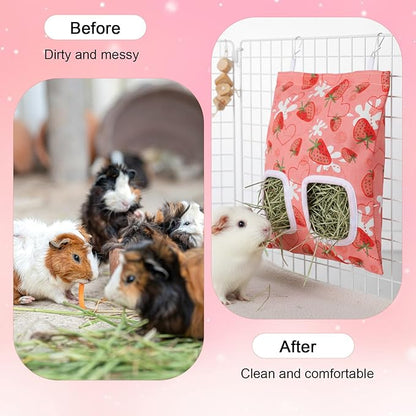 2pcs Bunny Hay Bag, 2-Hole Rabbit Hay Bags, 13.78 X 9.45in Hay Bag for Guinea Pigs, Hanging Guinea Pig Hay Holder for Guineas Pigs Bunny, Small Pets (Pink Strawberry)