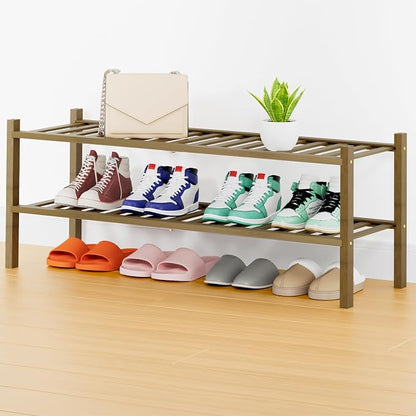 Smiry Long Bamboo Shoe Rack, 2 Tier Free Standing Wooden Shoe Organizer, Stackable Wood Shoe Storage Shelf for Closet, Entryway, 14 Vertical Slats, One-piece Heavy-Duty Legs, 33.7"x11"x13", Walnut