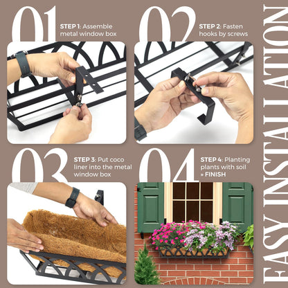 BTRAM 36IN Window Box Railing with Adjustable Brackets, Hanging Flower Planter Basket with Coco Liner for Outdoor Balcony Porch Fence Patio (Black - Set 2)