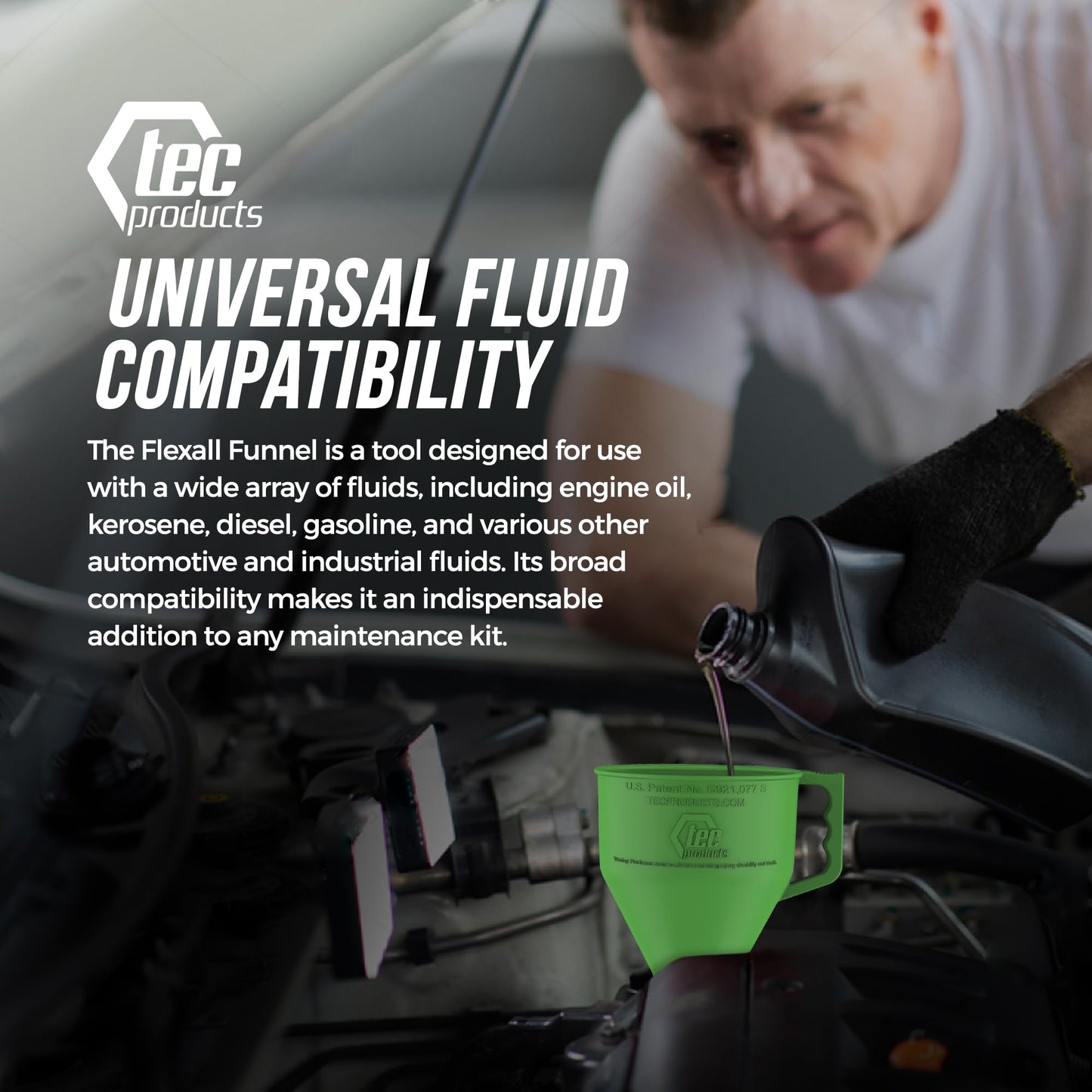 TEC Products FlexAll Long Flexible Funnels - Automotive Oil Funnel with Hose, Durable Nitrile Rubber for Oil Change, Transmission Funnel Fluid, Diesel, Fuel, Gas - Made in USA - Green (16 x 5 Inches)
