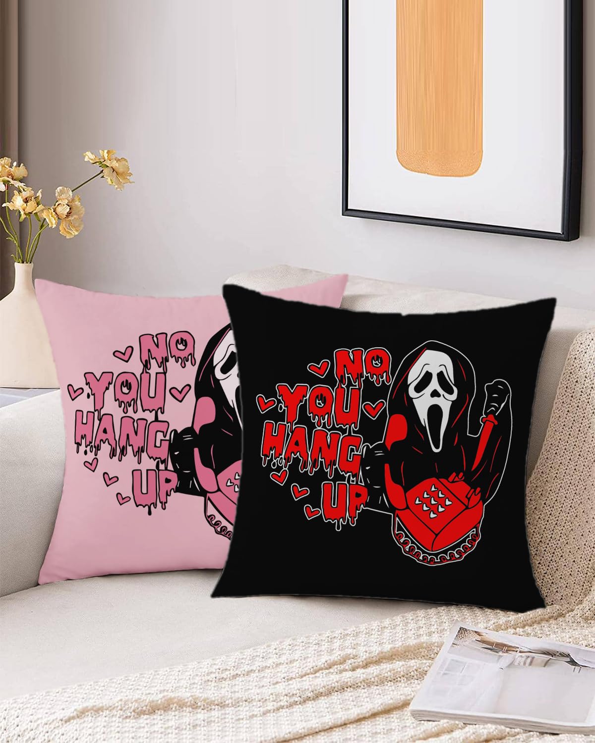20x20 Inch Pink Throw Pillow Cover - 'No You Hang Up' Funny Horror Ghost Design, Romantic Halloween Decor, Soft Pillowcase for Sofa, Bedroom, Car, Birthday Party Supplies