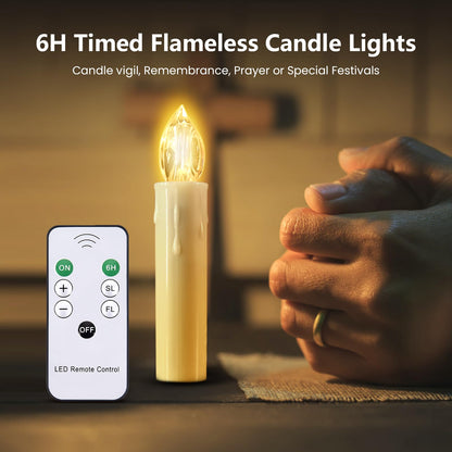 JOSU Flameless Christmas Trees Candles, 12Pcs Led Flickering Lights Battery Operated Candlesticks with Remote Timer/Clips, Warm White Window Taper Candles for Home Wedding Halloween Birthday Decor