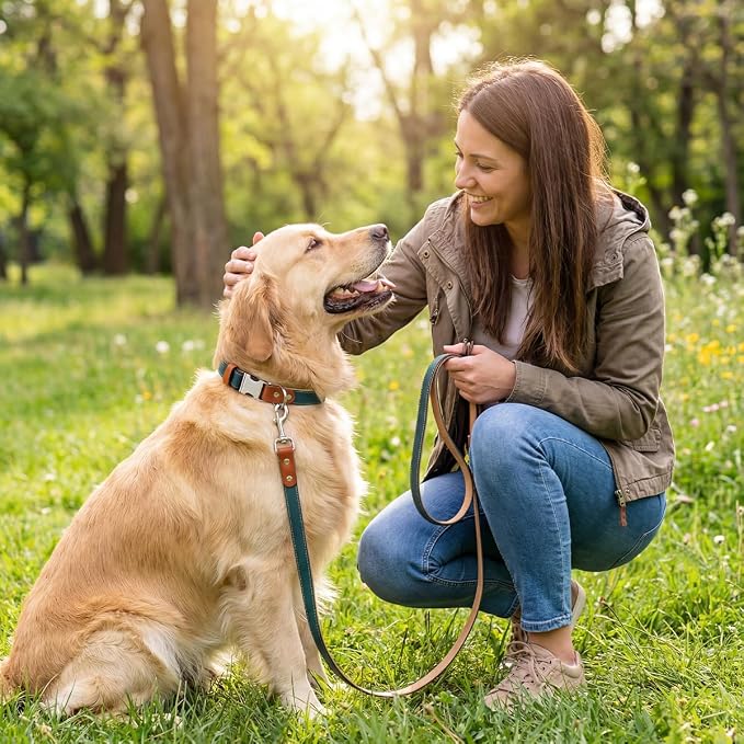 Dog Collar and Leash Set, PU Leather Dog Collar – Adjustable Eco-Friendly with Genuine Leather & Hemp, Soft Breathable Dog Collar Set for Small to Large Dogs (Green, L（15“-21”）)