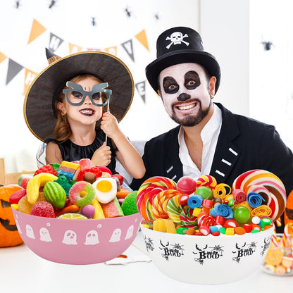 AUECOOME 3 Pieces Halloween Candy Bowl - Large Plastic Trick or Treat Bowls, Reusable Serving for Halloween Party Supplies (Black White Pink)