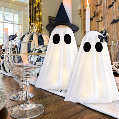 KIWDY [Timer] Light Up Halloween Scary Ghost Decorations, Set of 2 DIY Spooky Crafts for Indoor Home Mantel Shelf & Tabletop Decor White