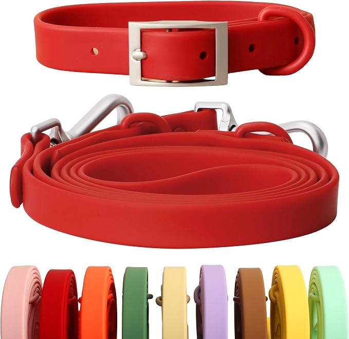 Dog Collar and Leash Set, Durable Waterproof Dog Leashes Collars, 5 Length Setting Adjustable Dog Collars for Large Medium Small Dogs (Red, XS)