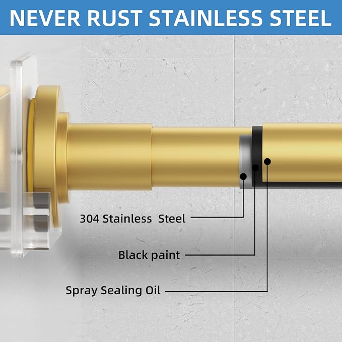 CorkLatta Gold Shower Curtain Rod,1 Inch Diameter Stainless Steel Adjustable Spring Tension Rods 32 to 68",with Holders,Anti-Slip,Curtain Rods No Drilling(1 Pack)