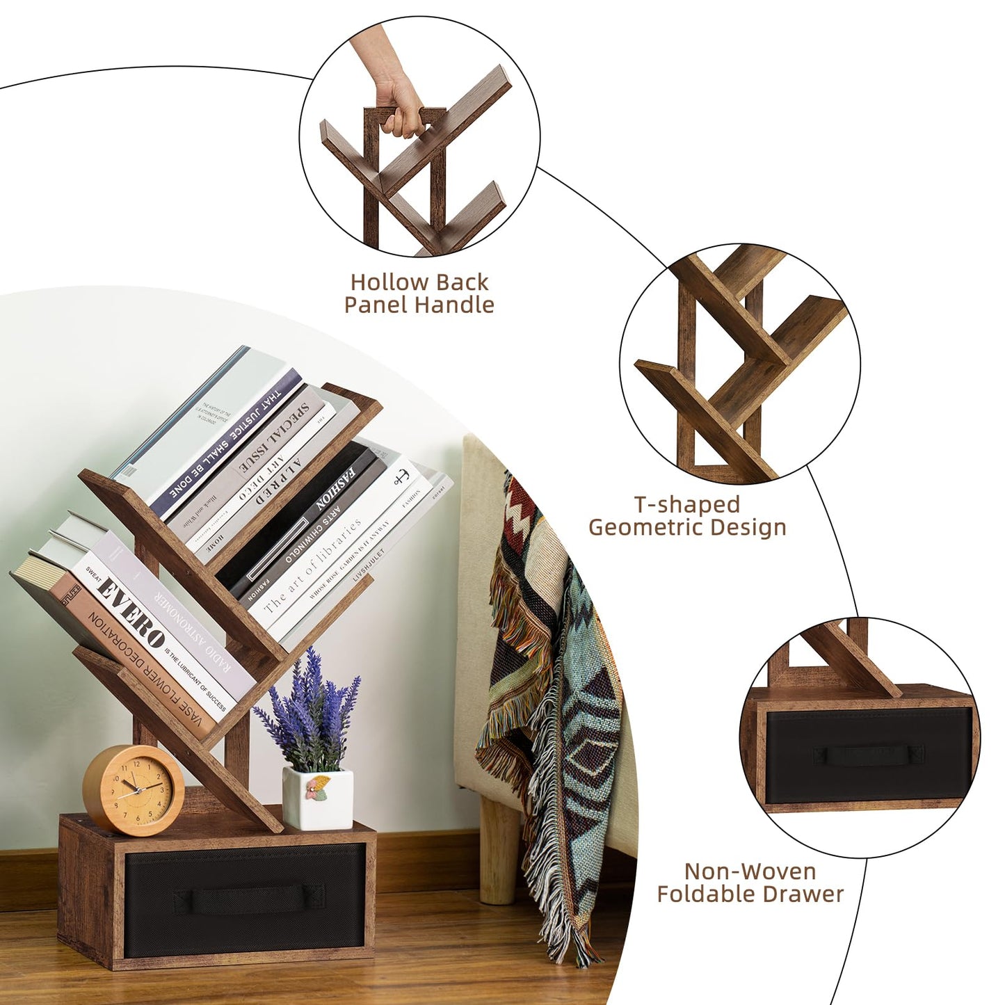 SHEEPAM Small Bookshelf with Drawer,4 Tier Tree Book Shelf,Wood Desk Bookshelves,Modern Free Standing Desktop Display Shelves,Brown Floor Standing Organizer Bookcase for Living Room,Bedroom,Office
