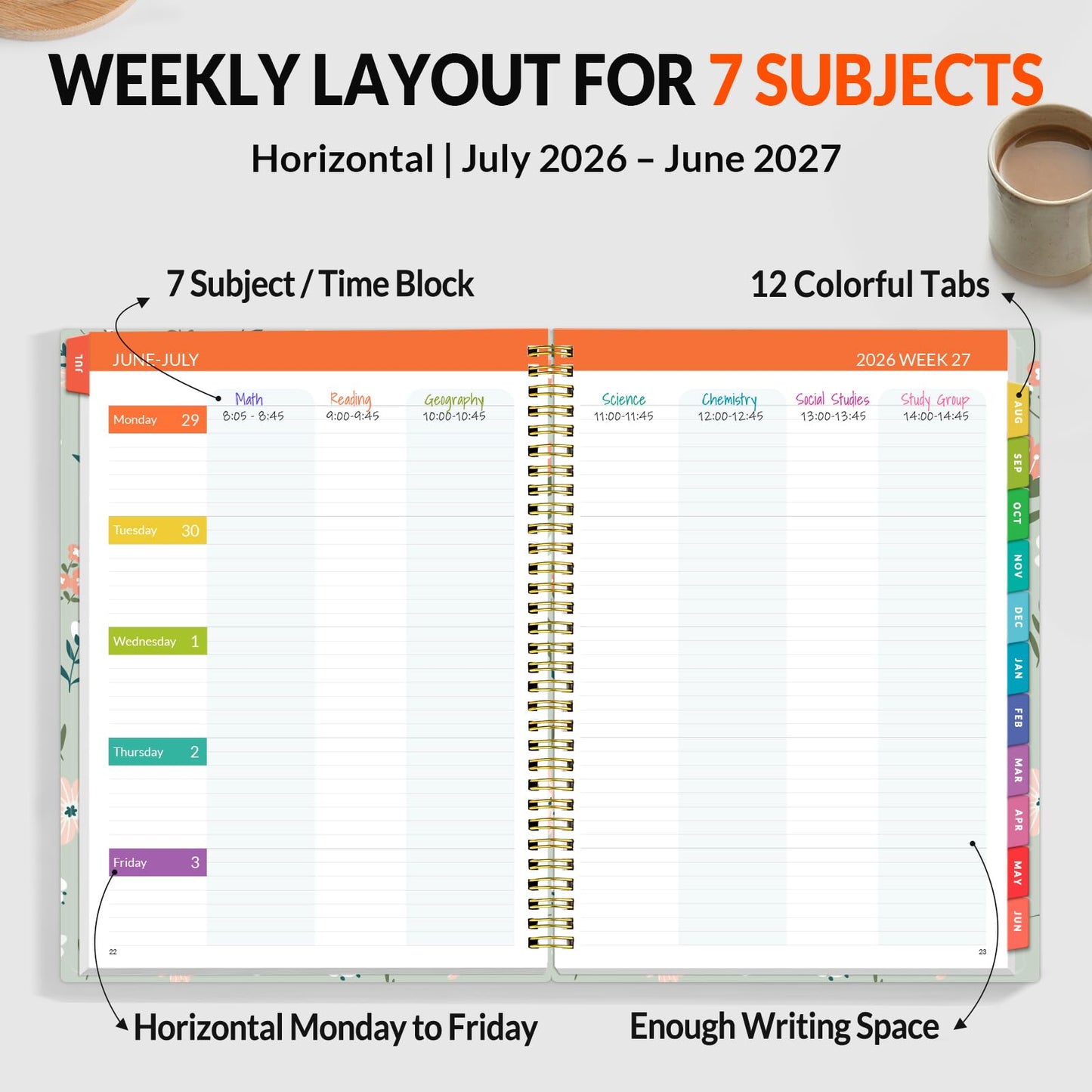 SUNEE Teacher Planner 2026-2027 Academic Year, Lite Lesson Planner Book with 7 Periods Jul 2026 - Jun 2027, 8.5"x11" Daily Weekly and Monthly Organizers, Plan Book with Pocket, Color Tabs, Wildflower