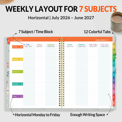 SUNEE Teacher Planner 2026-2027 Academic Year, Lite Lesson Planner Book with 7 Periods Jul 2026 - Jun 2027, 8.5"x11" Daily Weekly and Monthly Organizers, Plan Book with Pocket, Color Tabs, Wildflower