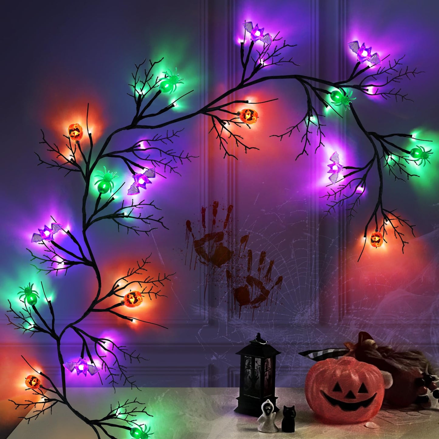 SURCVIO [ 8 Modes & Timer ] 6 Ft 54 LED Halloween Willow Vine Twig Decor Garland with 6 Bats & Pumpkins & Spiders Lights Waterproof Battery Operated Halloween Decorations Home Wall Fireplace Decor