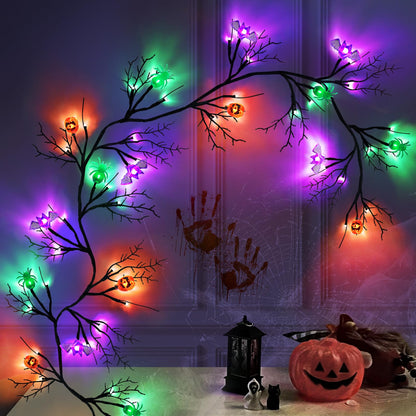 SURCVIO [ 8 Modes & Timer ] 6 Ft 54 LED Halloween Willow Vine Twig Decor Garland with 6 Bats & Pumpkins & Spiders Lights Waterproof Battery Operated Halloween Decorations Home Wall Fireplace Decor