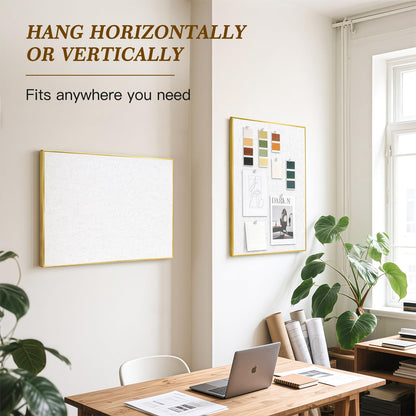 QUEENLINK Linen Bulletin Board 24 x18 Inches, White Pin Board Vision Board, Gold Aluminum Framed Fabric Cork Board for Home Office Wall Decor, 10 Push Pins