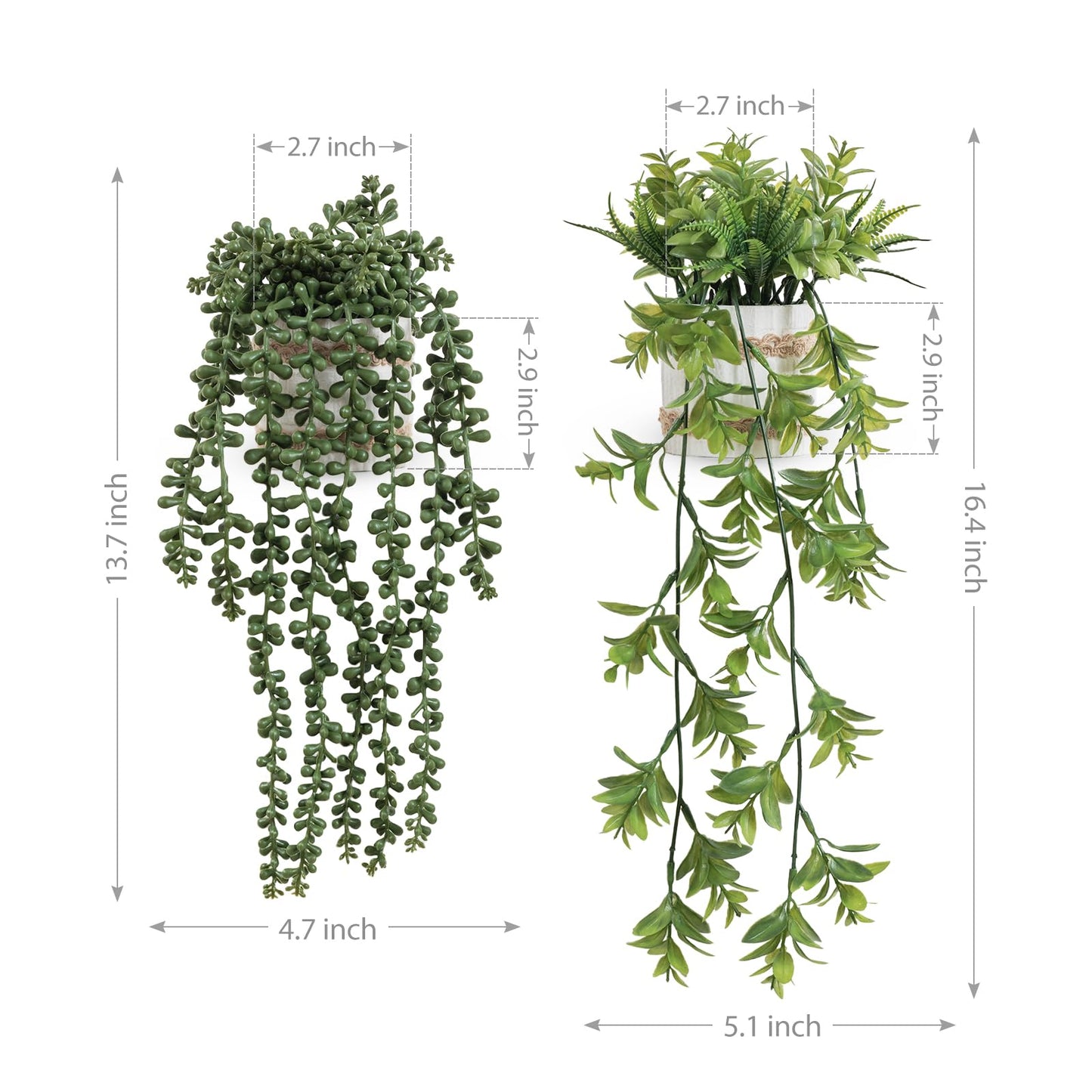 Fuxdre Fake Hanging Plants, 2pcs Artificial Potted Greenery Faux Eucalyptus Vine Fern and String of Pearls in Pot for Home Room Wall Shelf Patio Garden Indoor Outdoor Decor