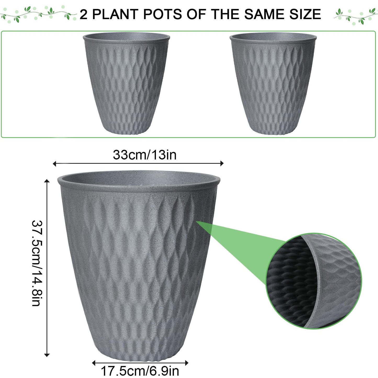 WEICHENGXING 13 Inch Large Plant Pot, 2Pack Big Planter, Matte Grey Durable Lightweight Flower Pot Garden Containers for Indoor and Outdoor Plants, Porch, Patio, Backyard, Room & Office Décor