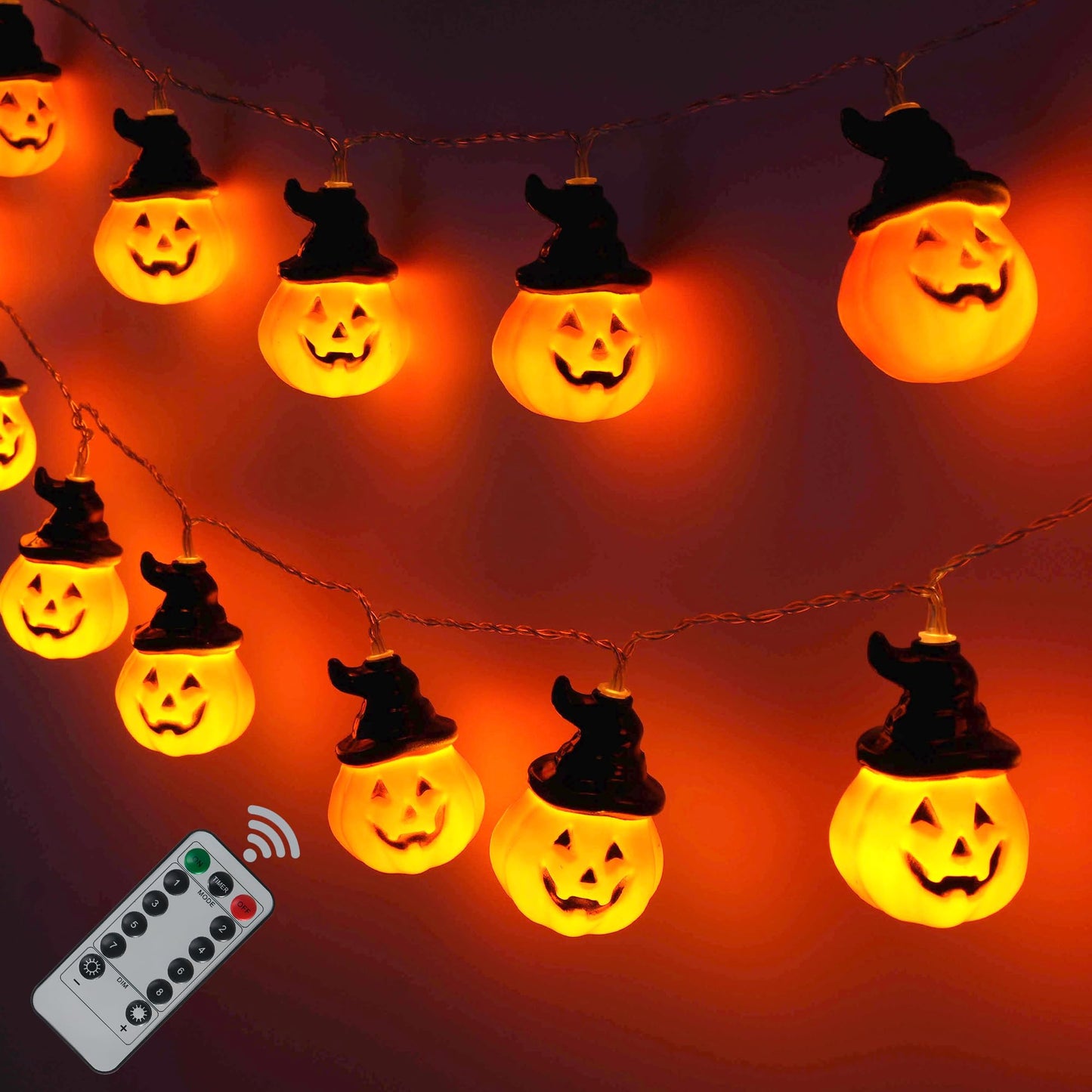XSIEDVP Remote Control Halloween Pumpkin String Lights - 30LED 16.4Ft with Witch Hat | Waterproof Outdoor/Indoor, 8 Modes + Timer, Pet-Friendly | Warm Orange Fall & Party Decor for Patio, Yard