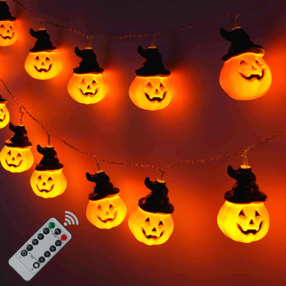 XSIEDVP Remote Control Halloween Pumpkin String Lights - 30LED 16.4Ft with Witch Hat | Waterproof Outdoor/Indoor, 8 Modes + Timer, Pet-Friendly | Warm Orange Fall & Party Decor for Patio, Yard