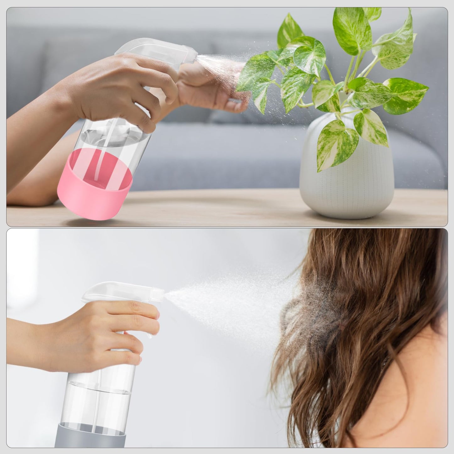 Worldgsb 2 Pack Glass Spray Bottles with Silicone Sleeve, 16 oz Empty Refillable Containers with Adjustable Spray Nozzles, Spray Bottles for Hair, Cleaning Solutions and Plants Pink&Grey