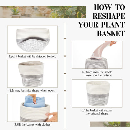 FoldTier 3 Pcs Cotton Rope Plant Basket with Plastic Liner Rustic Plant Basket Planters Modern Woven Decorative Pots for Home Flower Indoor Storage Decor, 7.5 x 6.5 Inches(White, Gray)
