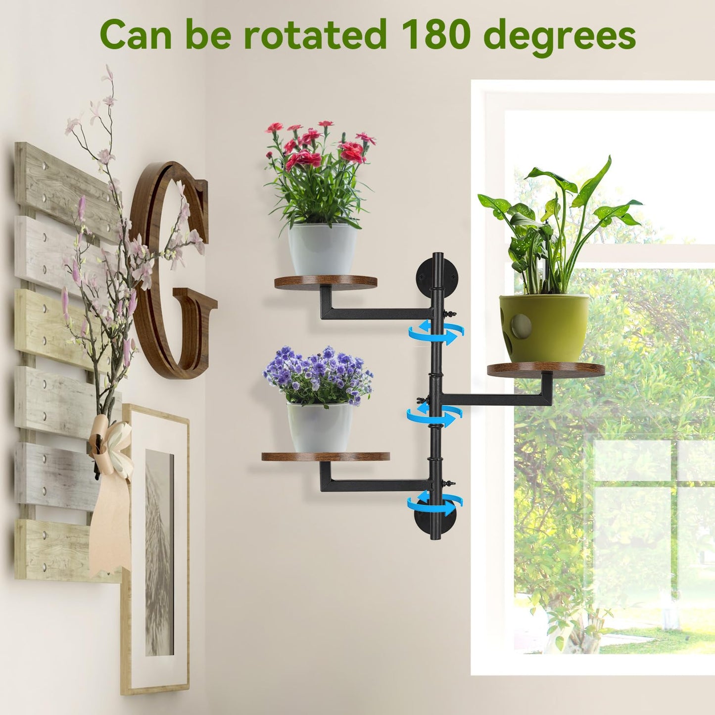YENGOTH Wooden Rotatable Window Sill Plant Stand, 3 Tier Wall Plant Holder, 180 Degree Rotating Plant Rack, Mid-Century Wooden Style Plant Stand for Indoor and Outdoor Decoration (black)