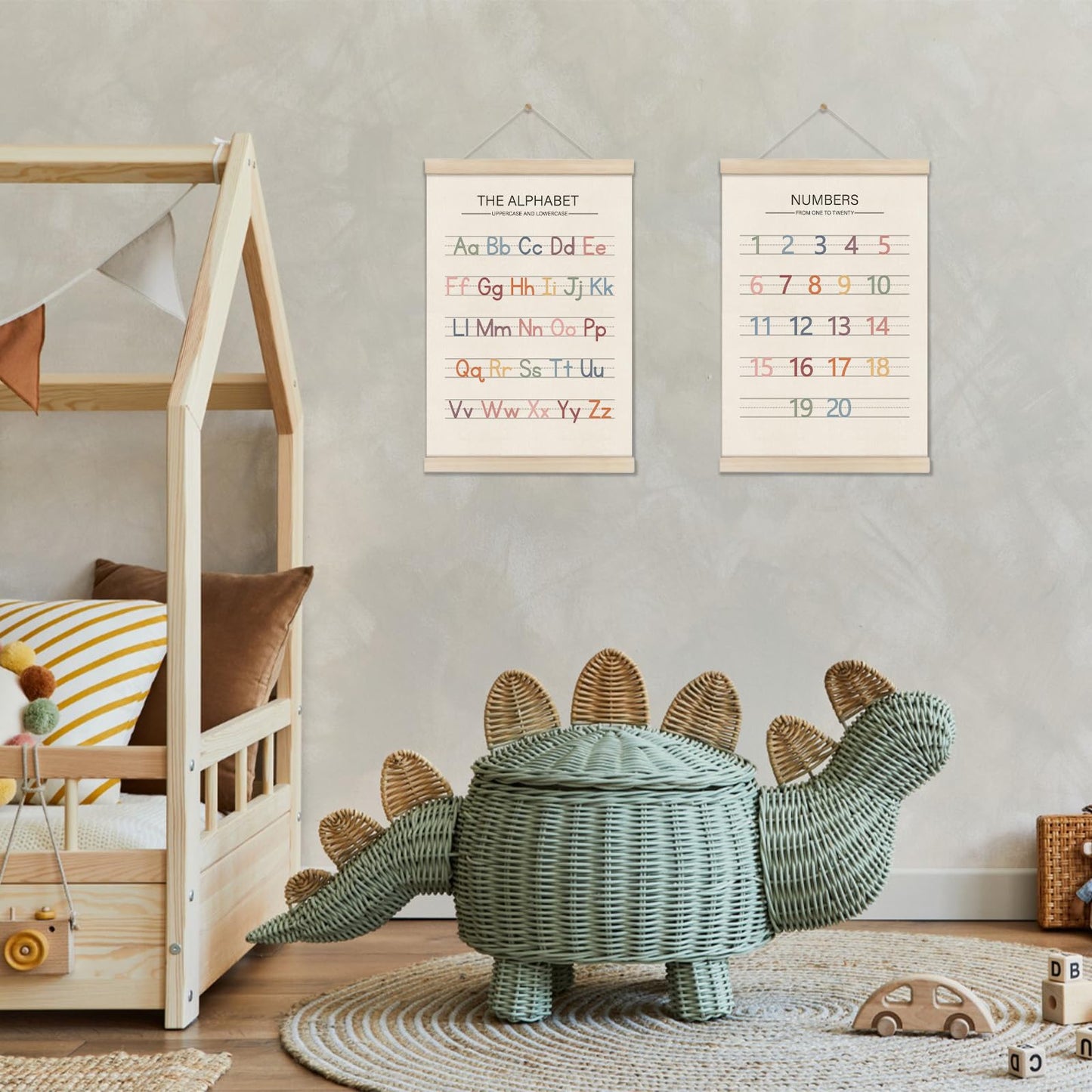 Alphabet Numbers Poster Hanger Frame Set of 2, Preschool Learning Posters, Educational Canvas Wall Art, Nursery Wall, Boho Montessori Classroom Decor, Toddler Room Decor for Boys Girls 16x12 Inch